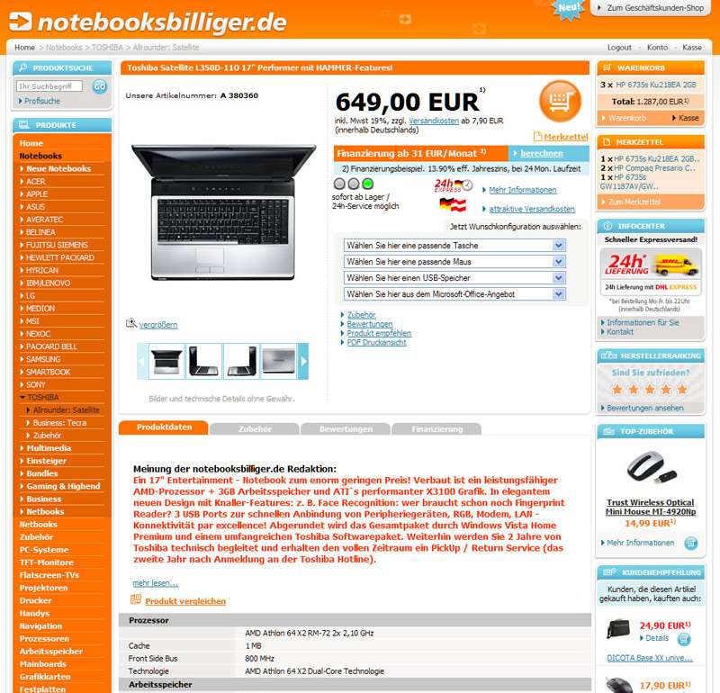 Alte Produktseite notebooksbilliger.de 